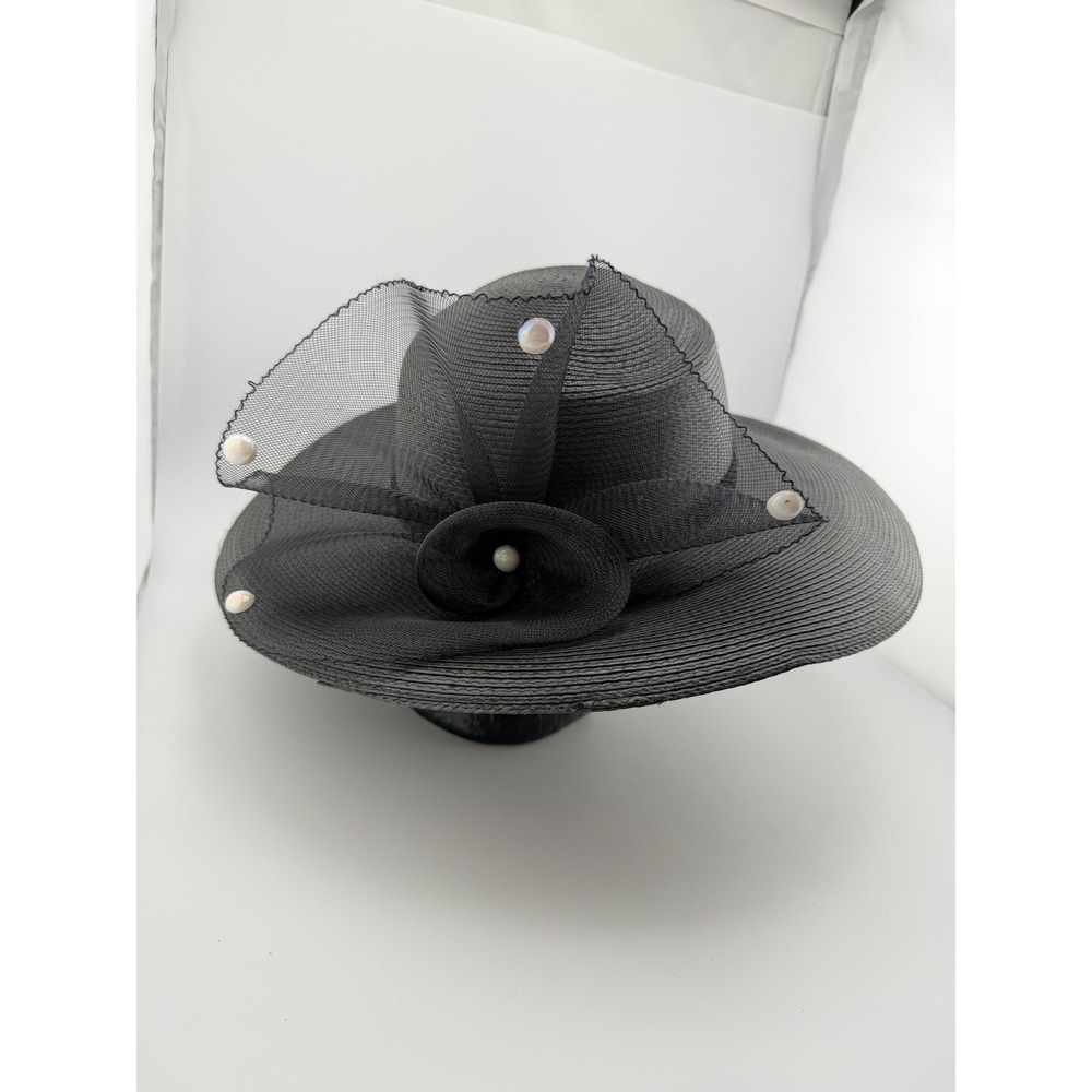 Vintage Black Straw Wide Brim Church Hat Mesh Bow Faux Pearl Derby Wedding Hat